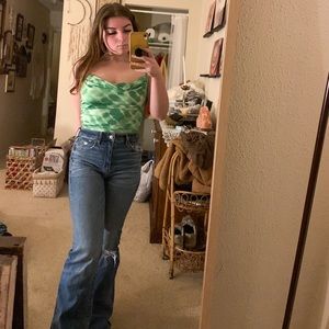 SOLD Green & White Silk Tie Dye Backless Cowl Neck Tank Top